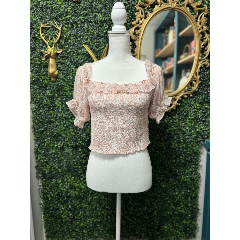Express Smocked Peasant Blouse Crop Top Pink Paisley Ruffle Cottagecore M - Picture 2 of 7